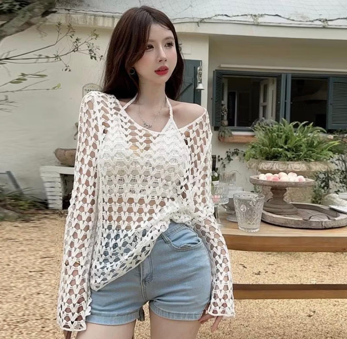 เสื้อลายหัวใจ เสื้อถักตาข่าย ใส่คลุมBikini