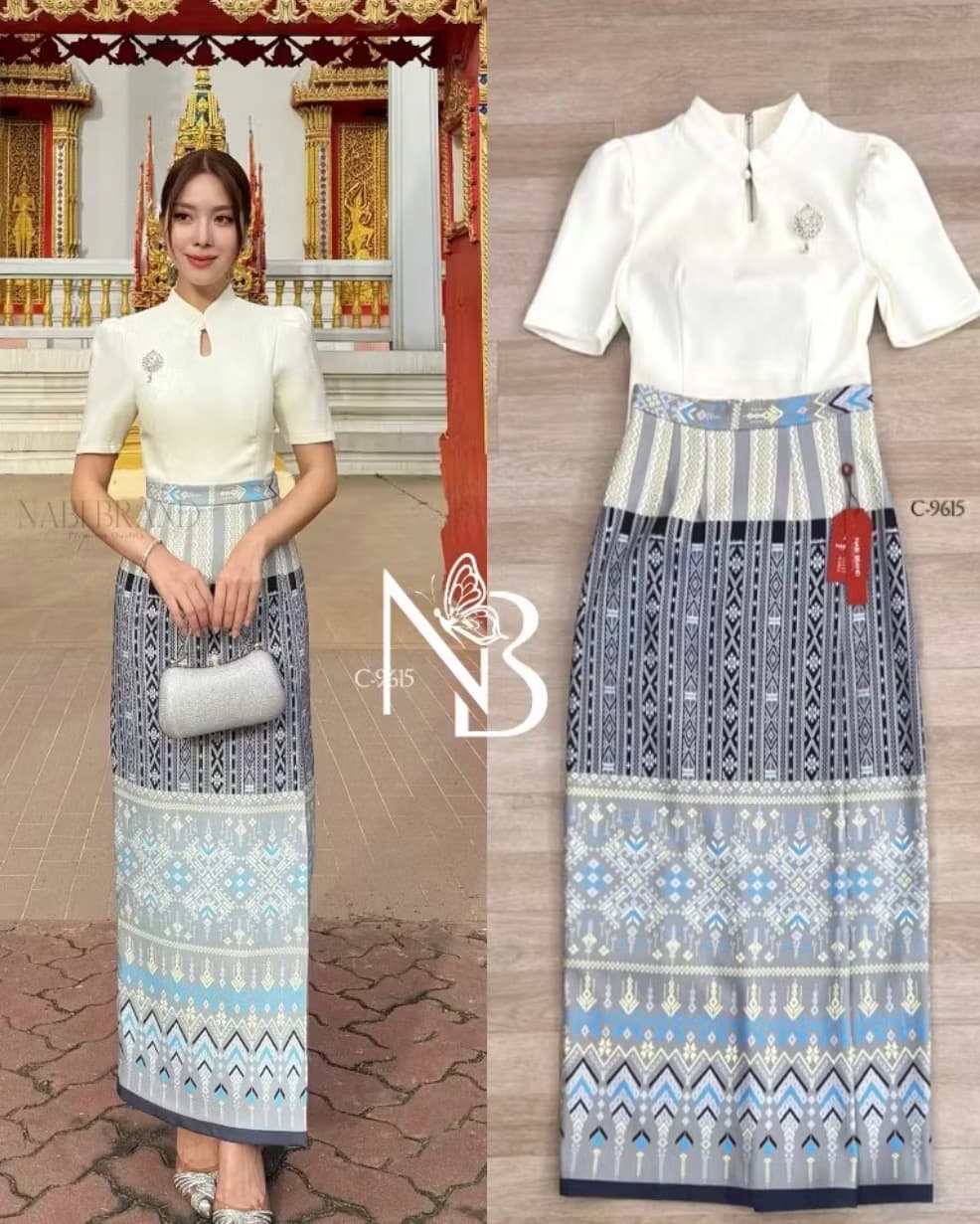 *กระโปรง* น้ำเงินพิมลายตรง จับแมตช์ได้ทั้งชุด เช่าทั้งชุดถูกกว่า