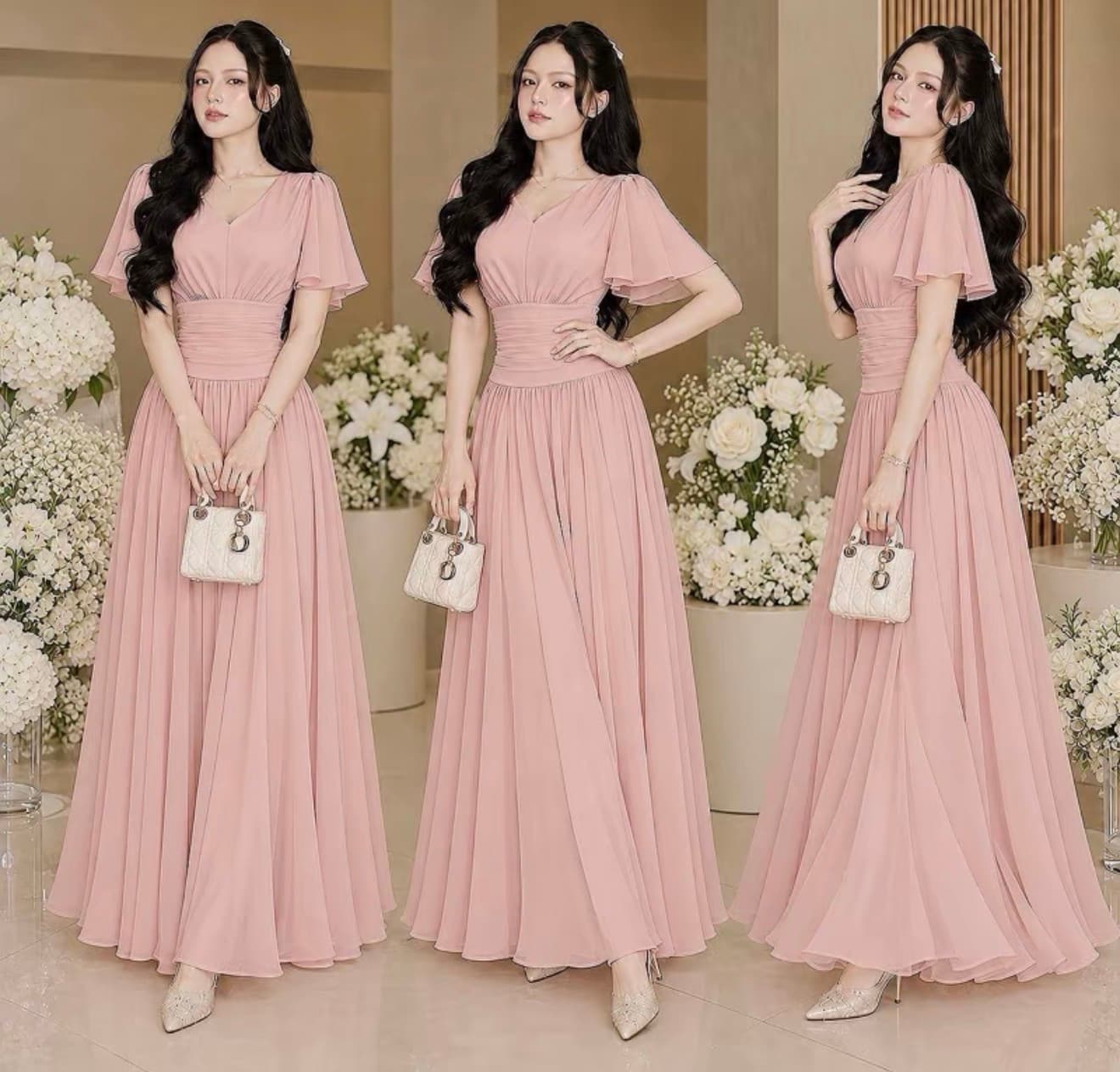 ชุดเดรสผ้าชีฟองใส่ไปงานแต่ง กินเลี้ยง สีชมพู