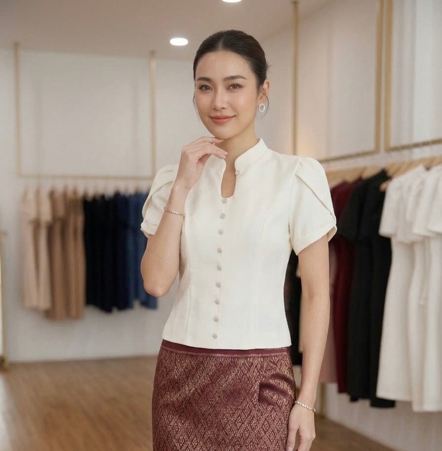 *เสื้อ*แพรวากระดุมมุก จับแมตช์ได้ทั้งชุด เช่าทั้งชุดถูกกว่า