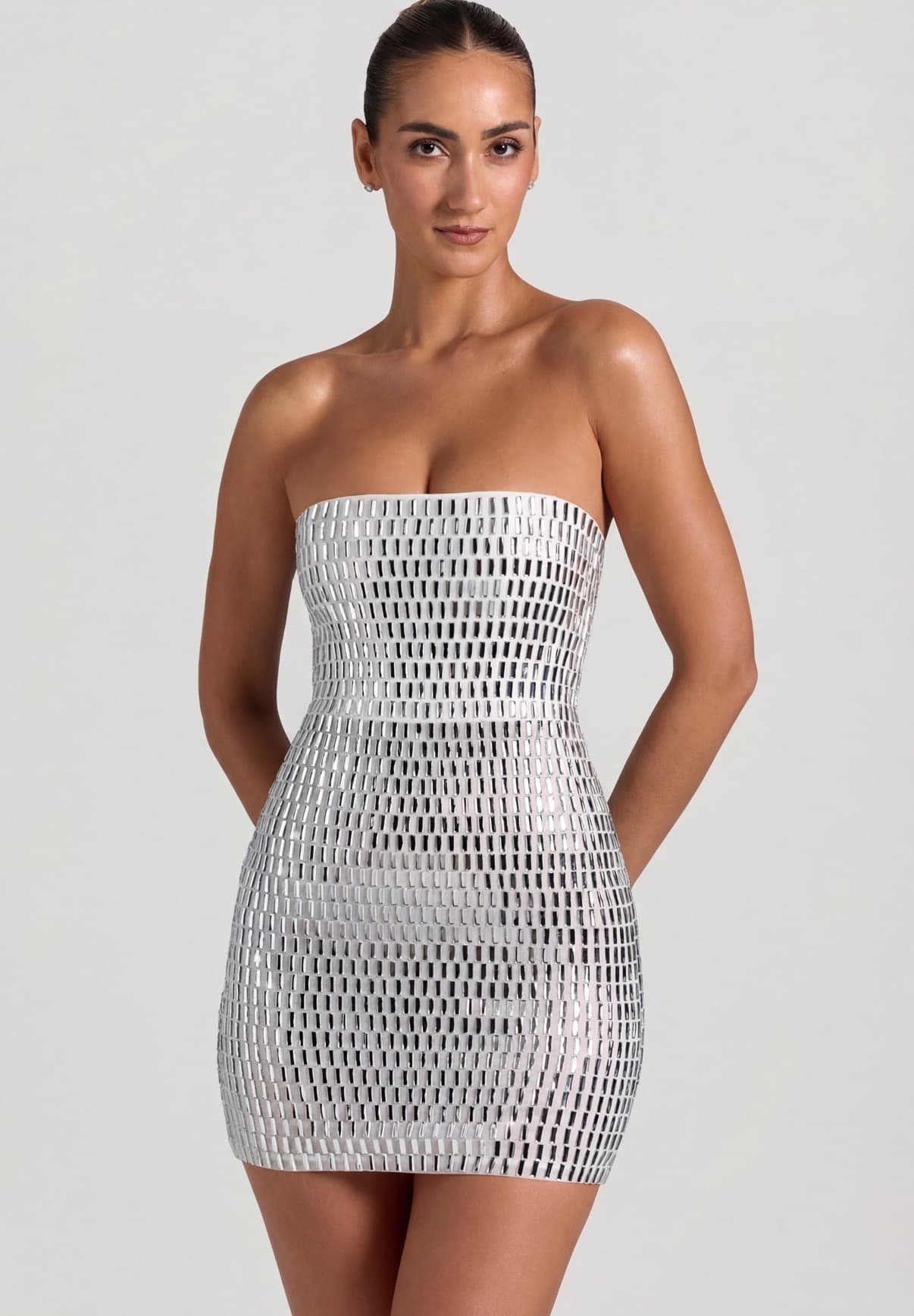 Embellished Bandeau Mini Dress in Diamond