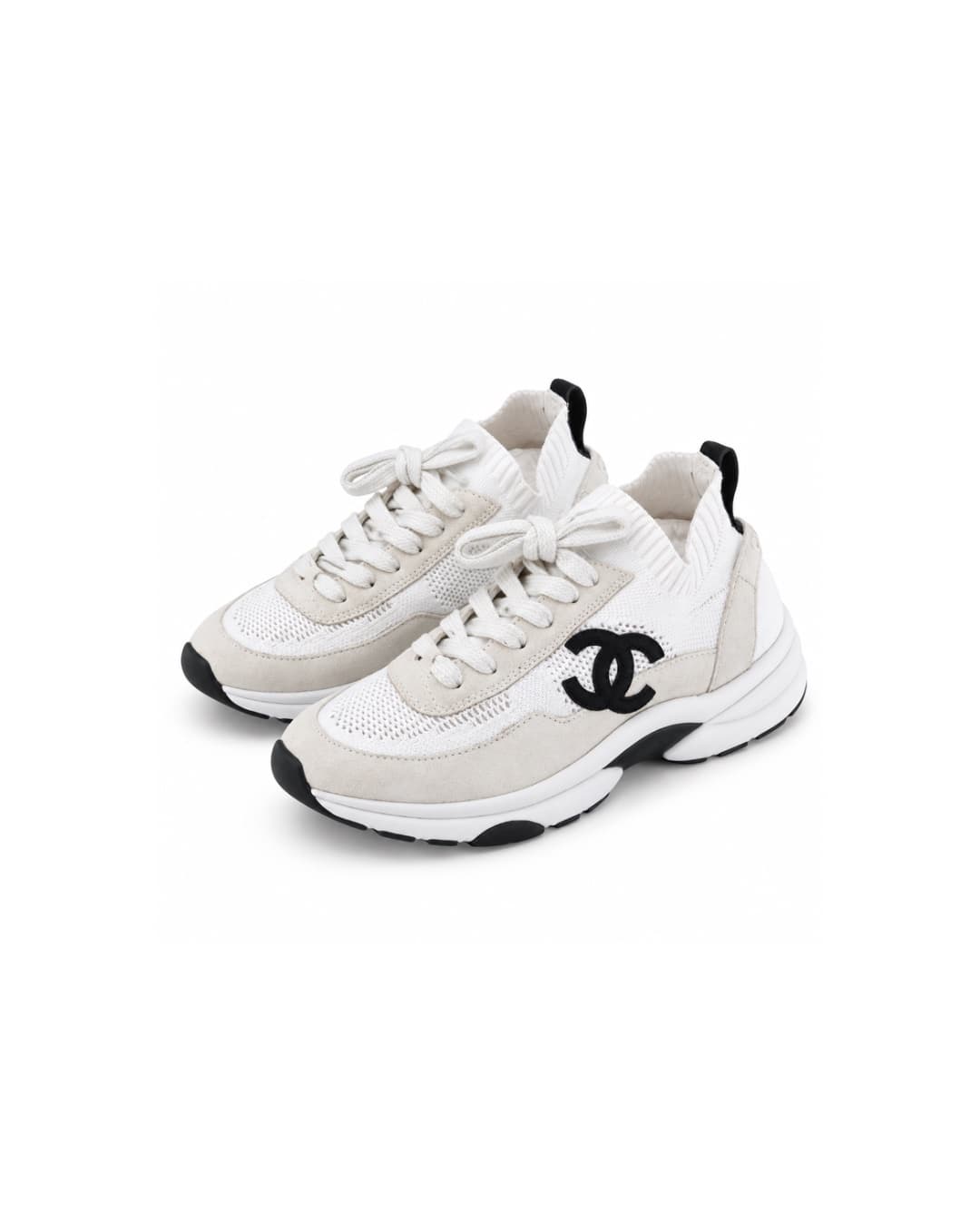 CHANEL Knit & Suede CC Lace-Up Sneakers – White/Black