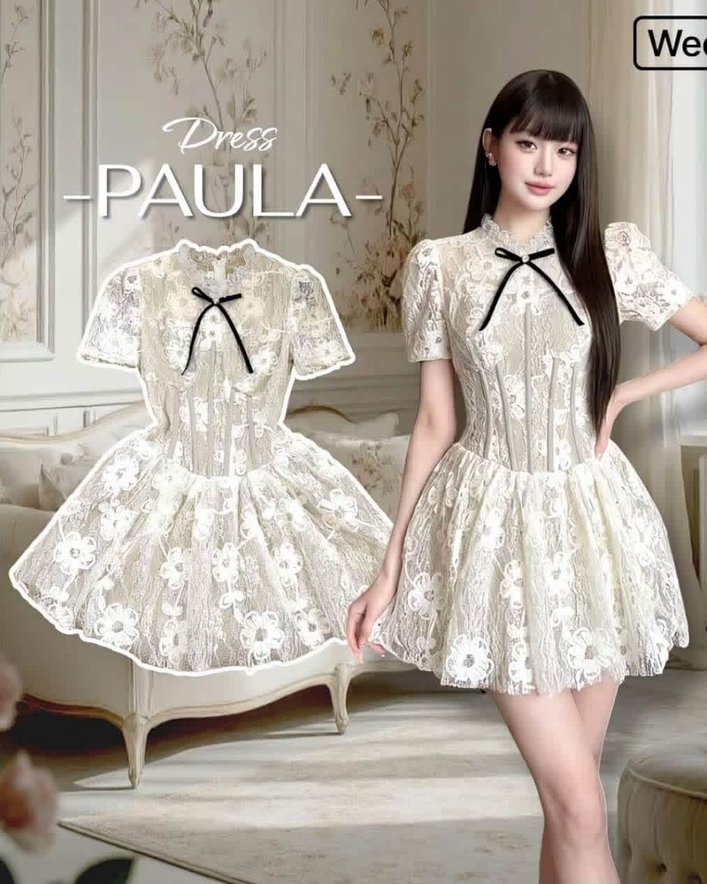 Mini Dress แขนสั้น ผ้าลูกไม้ ดีไซน์น่ารัก