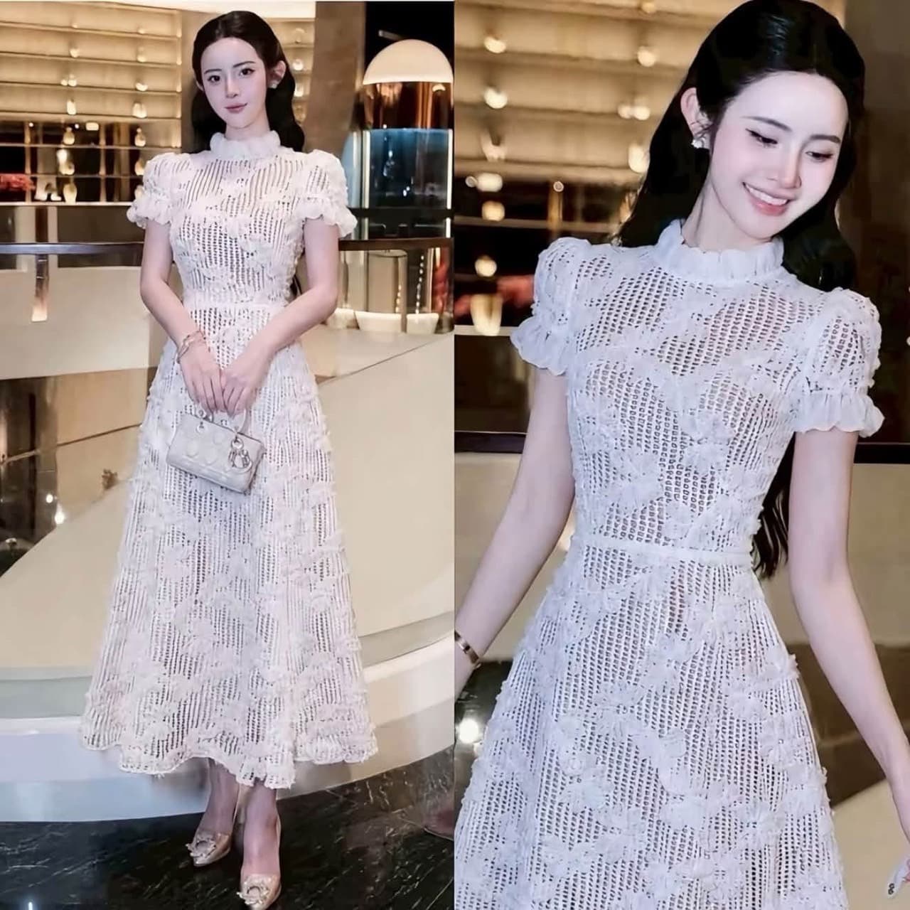 เดรสลูกไม้ยาว สวยเเบบผู้ดี ตรงคอและแขนดีไซน์เก๋ ***รอแก้สี